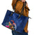 New Zealand Tuatara Leather Tote Bag Silver Fern Hibiscus and Tribal Maori Pattern Blue Color