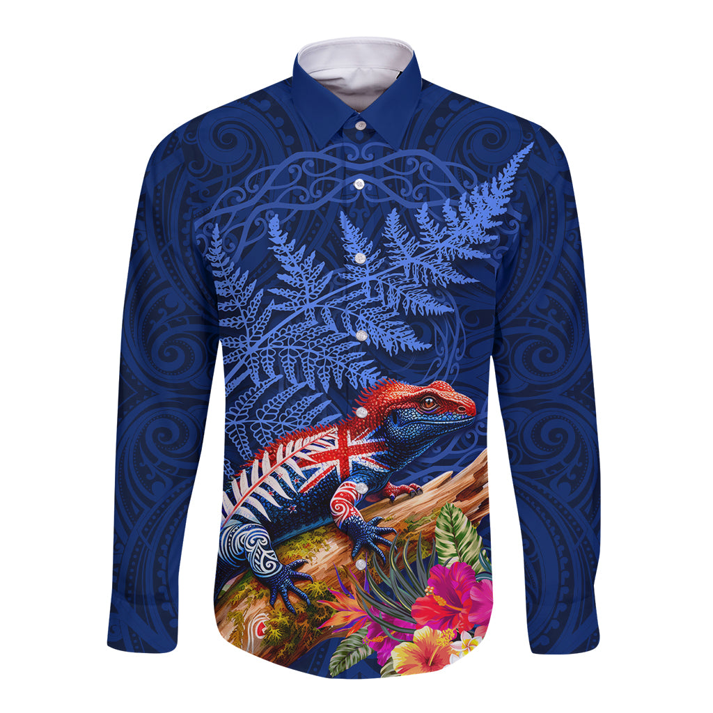 New Zealand Tuatara Long Sleeve Button Shirt Silver Fern Hibiscus and Tribal Maori Pattern Blue Color