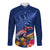 New Zealand Tuatara Long Sleeve Button Shirt Silver Fern Hibiscus and Tribal Maori Pattern Blue Color