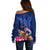 New Zealand Tuatara Off Shoulder Sweater Silver Fern Hibiscus and Tribal Maori Pattern Blue Color