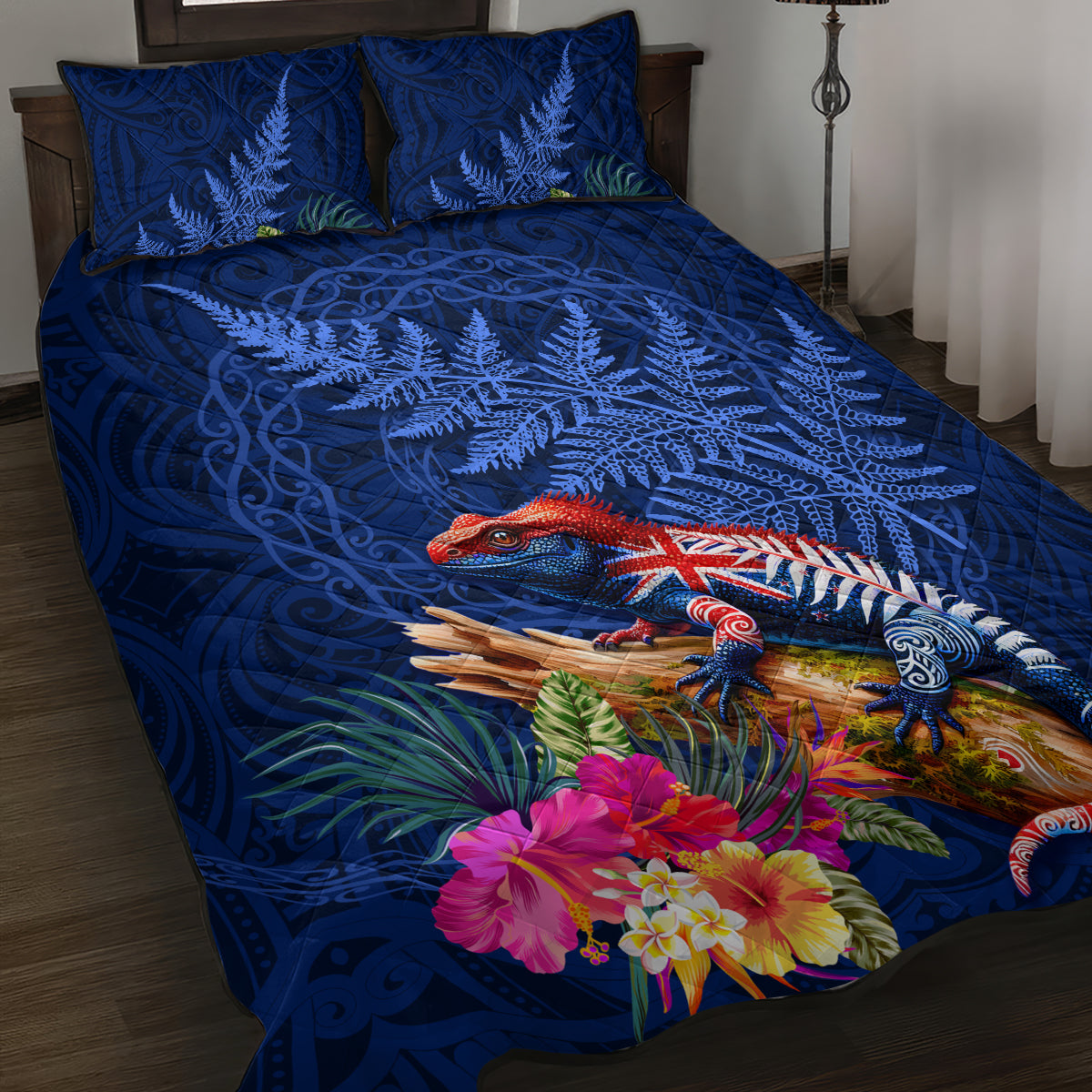 New Zealand Tuatara Quilt Bed Set Silver Fern Hibiscus and Tribal Maori Pattern Blue Color