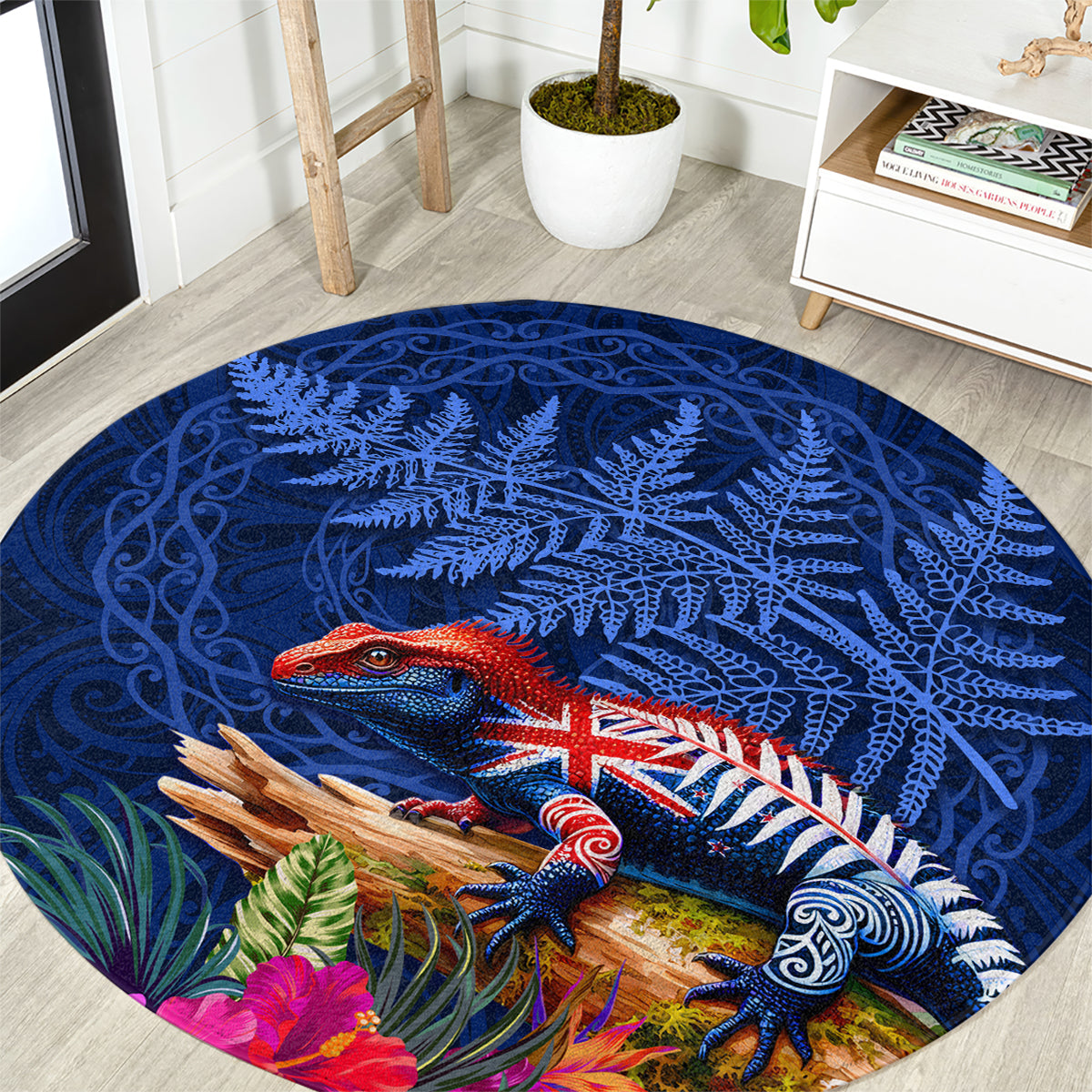 New Zealand Tuatara Round Carpet Silver Fern Hibiscus and Tribal Maori Pattern Blue Color