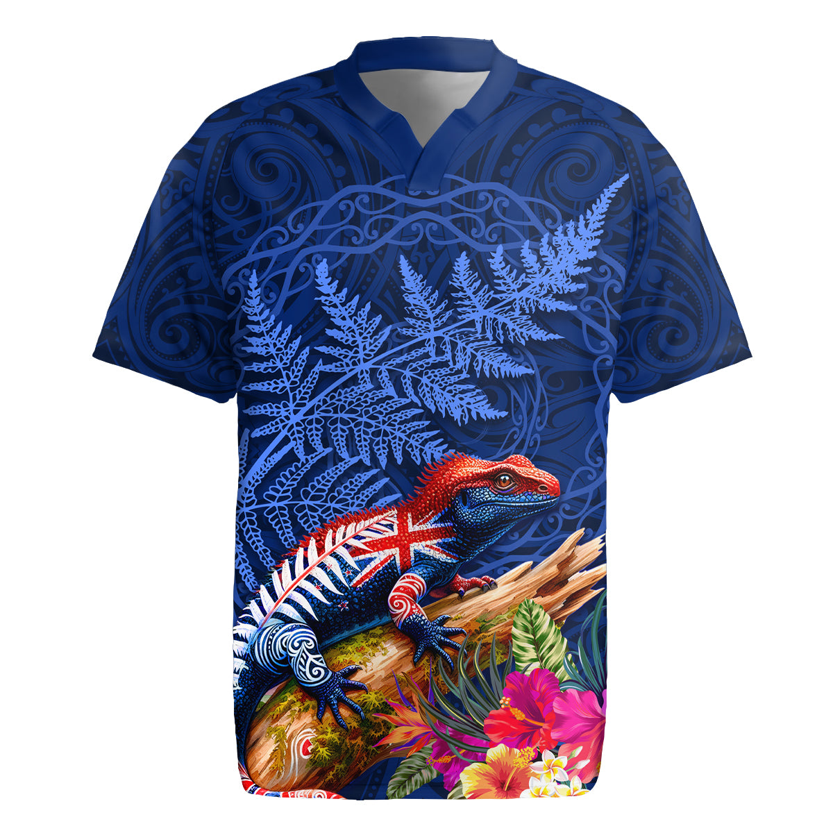 New Zealand Tuatara Rugby Jersey Silver Fern Hibiscus and Tribal Maori Pattern Blue Color