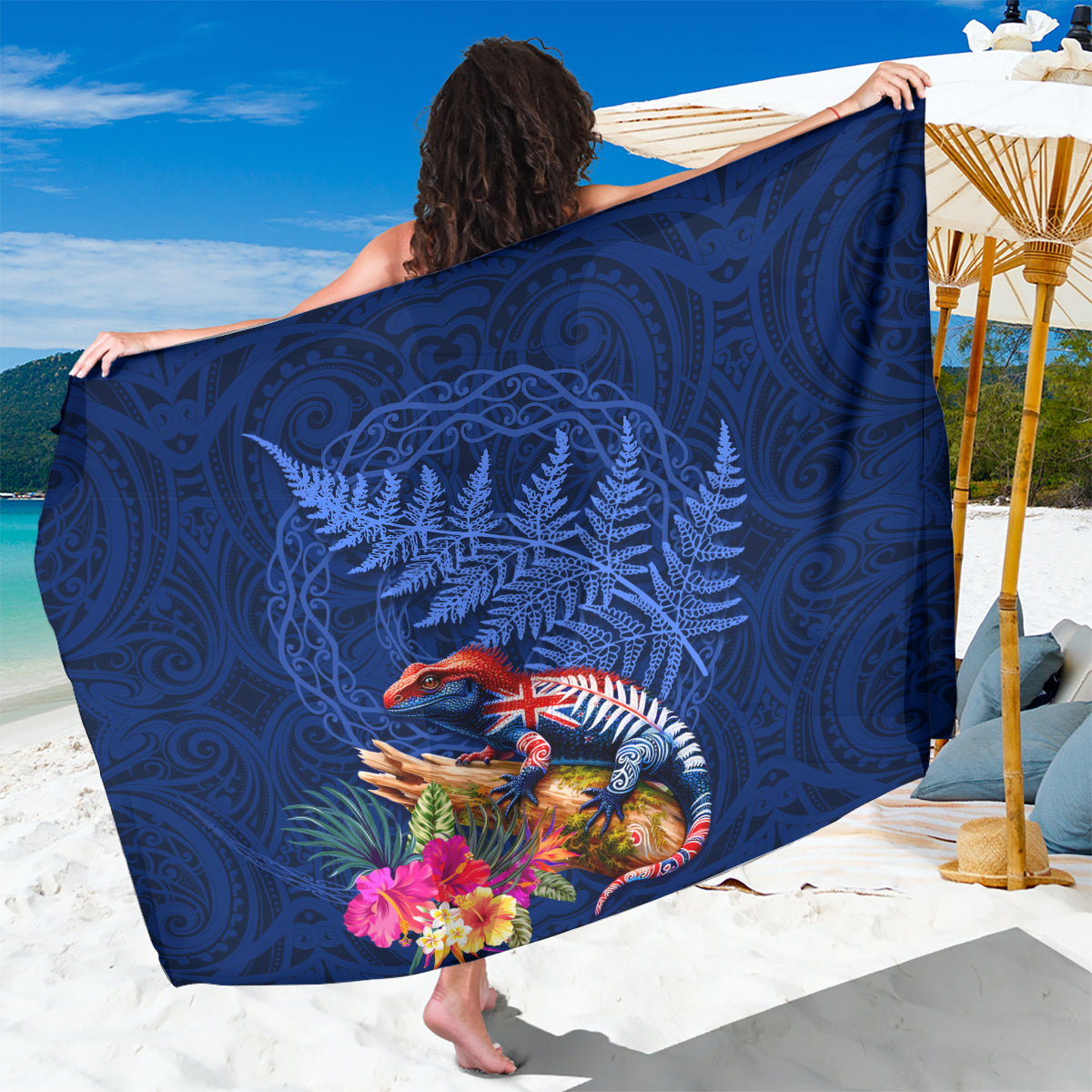 New Zealand Tuatara Sarong Silver Fern Hibiscus and Tribal Maori Pattern Blue Color LT03 One Size 44 x 66 inches Blue - Polynesian Pride