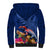 New Zealand Tuatara Sherpa Hoodie Silver Fern Hibiscus and Tribal Maori Pattern Blue Color