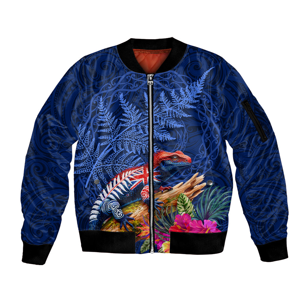 New Zealand Tuatara Sleeve Zip Bomber Jacket Silver Fern Hibiscus and Tribal Maori Pattern Blue Color