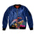 New Zealand Tuatara Sleeve Zip Bomber Jacket Silver Fern Hibiscus and Tribal Maori Pattern Blue Color