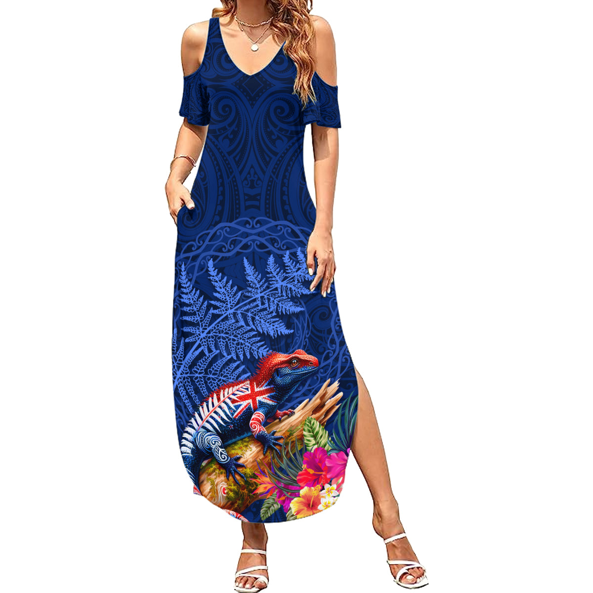 New Zealand Tuatara Summer Maxi Dress Silver Fern Hibiscus and Tribal Maori Pattern Blue Color