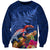 New Zealand Tuatara Sweatshirt Silver Fern Hibiscus and Tribal Maori Pattern Blue Color