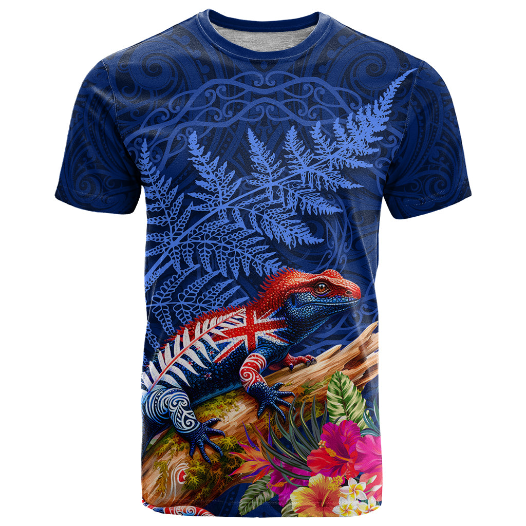 New Zealand Tuatara T Shirt Silver Fern Hibiscus and Tribal Maori Pattern Blue Color