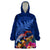 New Zealand Tuatara Wearable Blanket Hoodie Silver Fern Hibiscus and Tribal Maori Pattern Blue Color