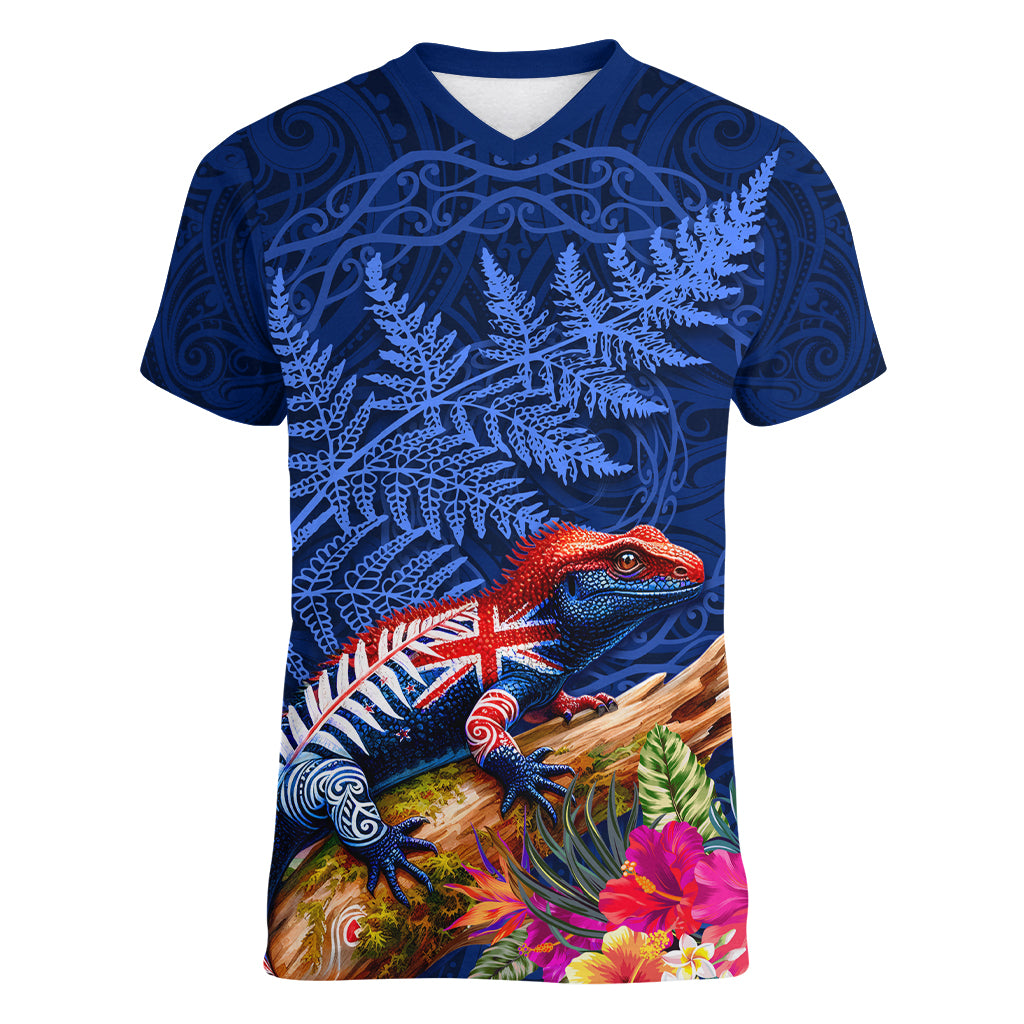 New Zealand Tuatara Women V-Neck T-Shirt Silver Fern Hibiscus and Tribal Maori Pattern Blue Color