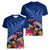 New Zealand Tuatara Women V-Neck T-Shirt Silver Fern Hibiscus and Tribal Maori Pattern Blue Color