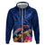 New Zealand Tuatara Zip Hoodie Silver Fern Hibiscus and Tribal Maori Pattern Blue Color