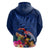 New Zealand Tuatara Zip Hoodie Silver Fern Hibiscus and Tribal Maori Pattern Blue Color