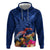 New Zealand Tuatara Zip Hoodie Silver Fern Hibiscus and Tribal Maori Pattern Blue Color