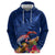 New Zealand Tuatara Zip Hoodie Silver Fern Hibiscus and Tribal Maori Pattern Blue Color