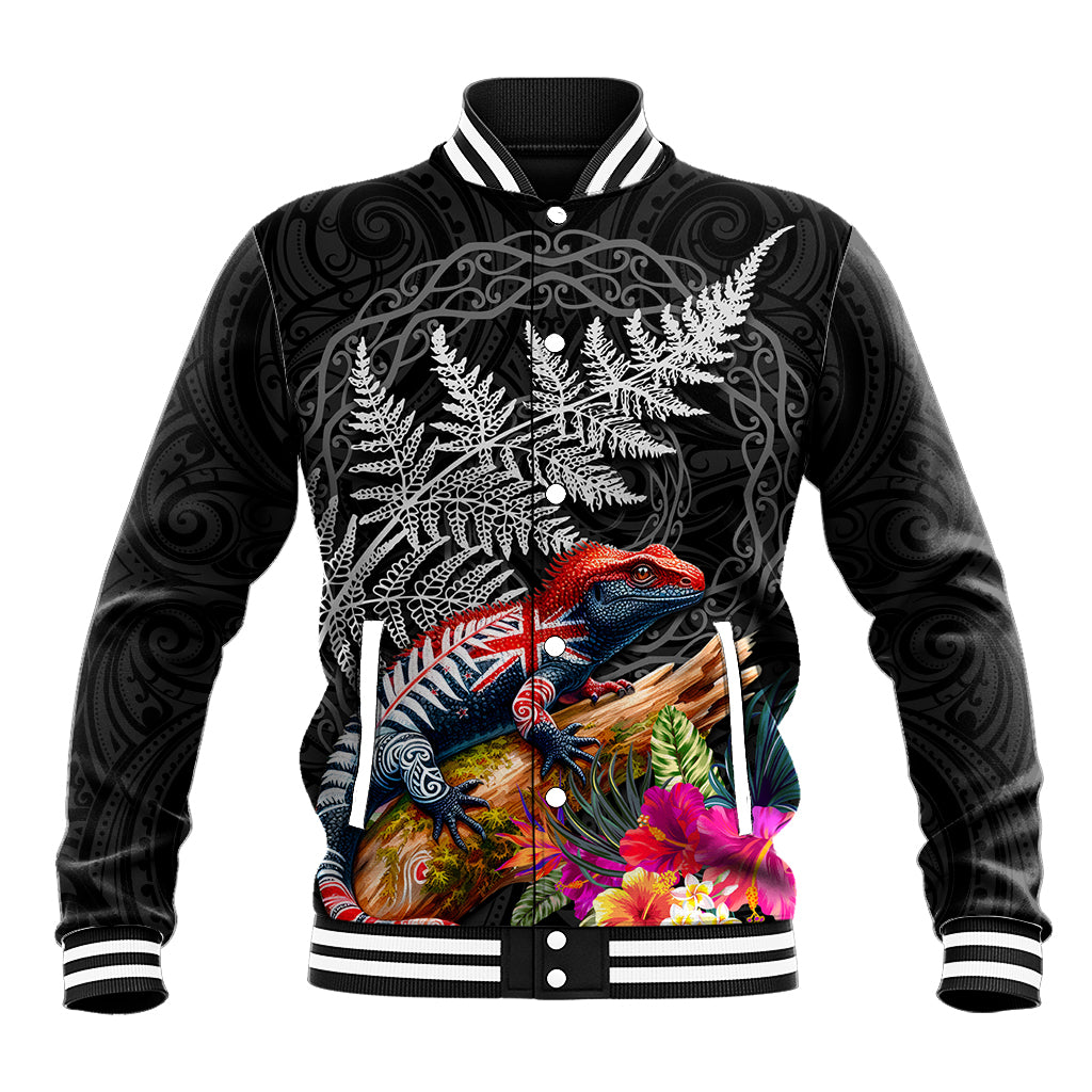 New Zealand Tuatara Baseball Jacket Silver Fern Hibiscus and Tribal Maori Pattern Black Color