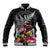 New Zealand Tuatara Baseball Jacket Silver Fern Hibiscus and Tribal Maori Pattern Black Color