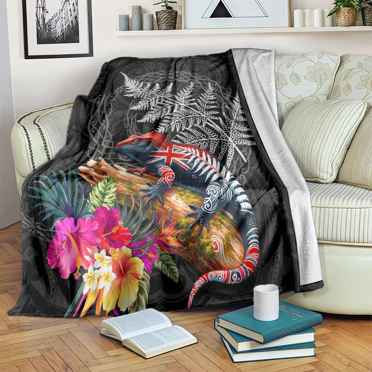 New Zealand Tuatara Blanket Silver Fern Hibiscus and Tribal Maori Pattern Black Color LT03 Black - Polynesian Pride