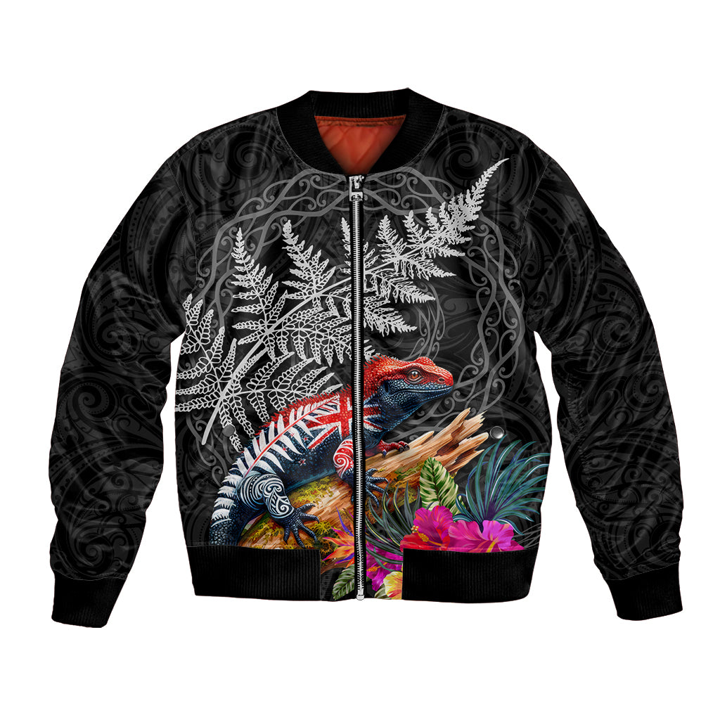 New Zealand Tuatara Bomber Jacket Silver Fern Hibiscus and Tribal Maori Pattern Black Color