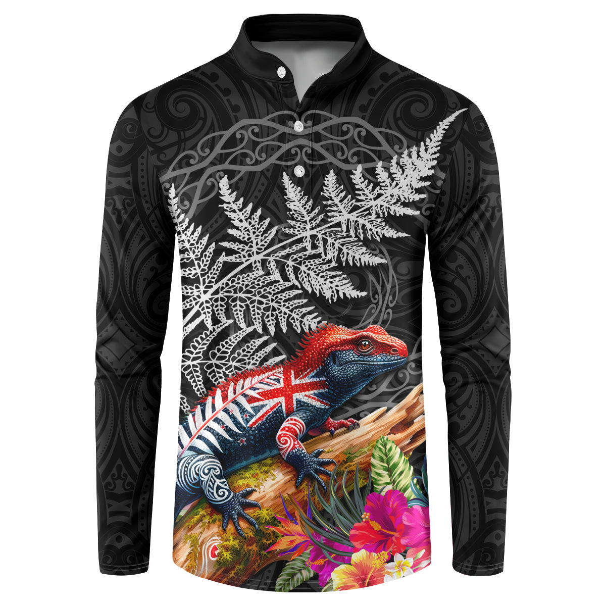 New Zealand Tuatara Button Sweatshirt Silver Fern Hibiscus and Tribal Maori Pattern Black Color