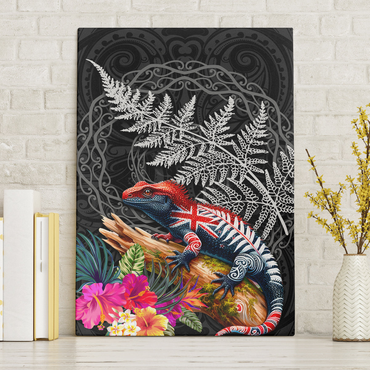 New Zealand Tuatara Canvas Wall Art Silver Fern Hibiscus and Tribal Maori Pattern Black Color