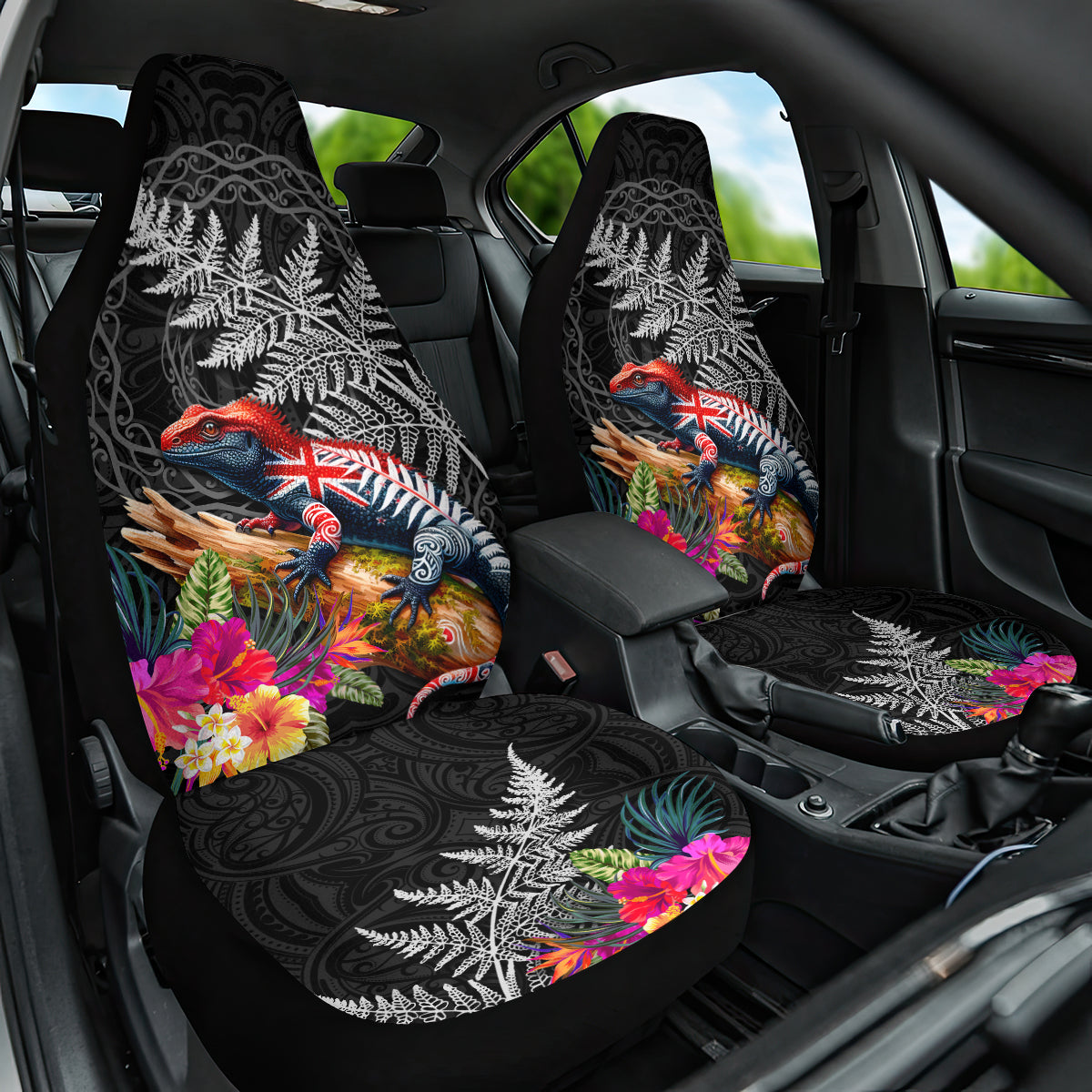 New Zealand Tuatara Car Seat Cover Silver Fern Hibiscus and Tribal Maori Pattern Black Color