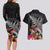 New Zealand Tuatara Couples Matching Long Sleeve Bodycon Dress and Hawaiian Shirt Silver Fern Hibiscus and Tribal Maori Pattern Black Color