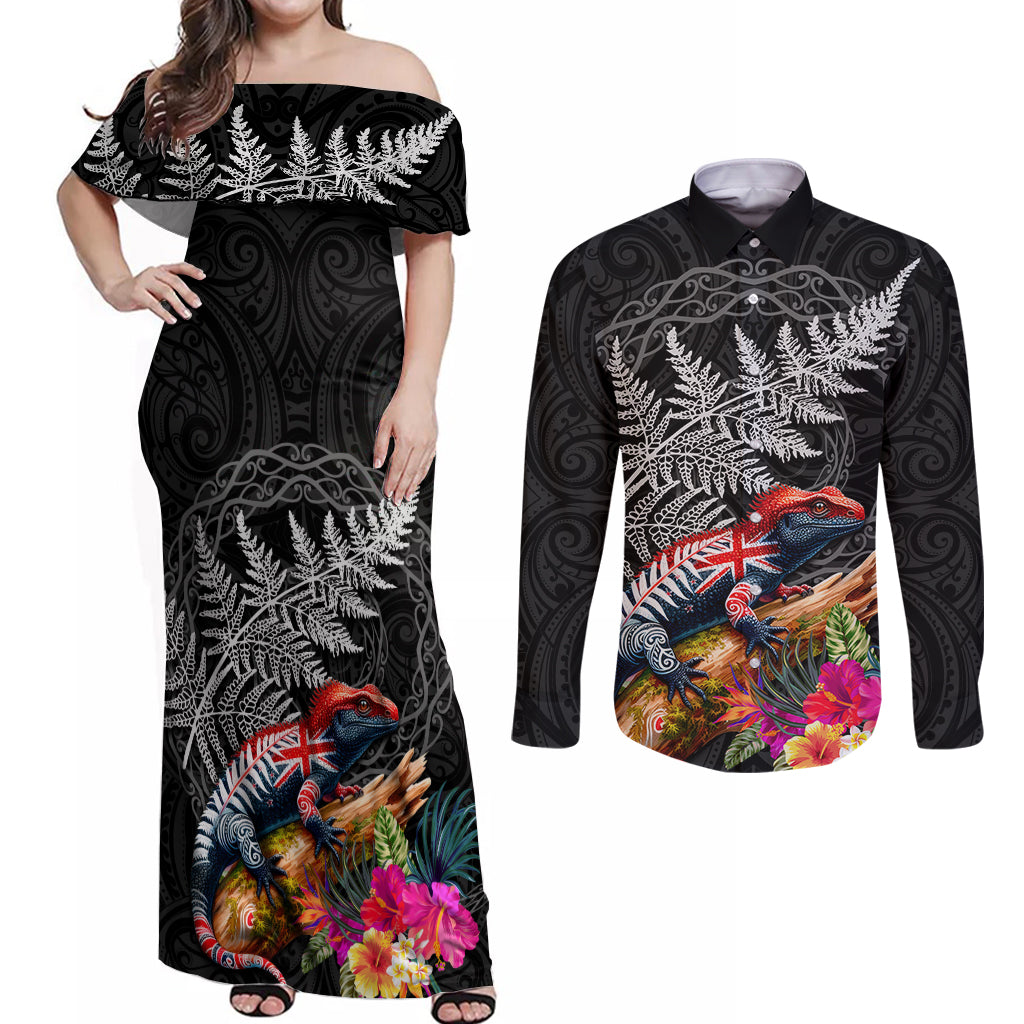 New Zealand Tuatara Couples Matching Off Shoulder Maxi Dress and Long Sleeve Button Shirt Silver Fern Hibiscus and Tribal Maori Pattern Black Color