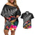 New Zealand Tuatara Couples Matching Off Shoulder Short Dress and Hawaiian Shirt Silver Fern Hibiscus and Tribal Maori Pattern Black Color