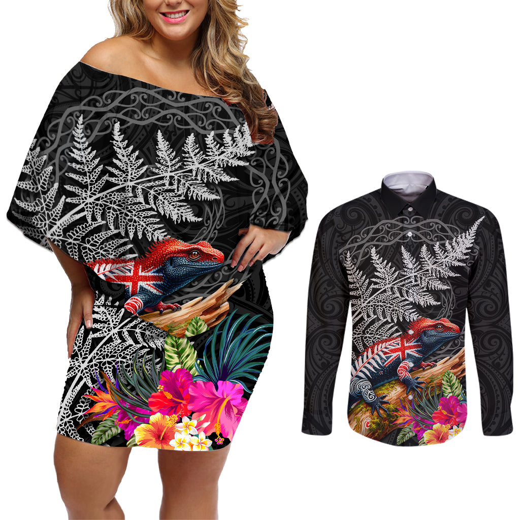 New Zealand Tuatara Couples Matching Off Shoulder Short Dress and Long Sleeve Button Shirt Silver Fern Hibiscus and Tribal Maori Pattern Black Color