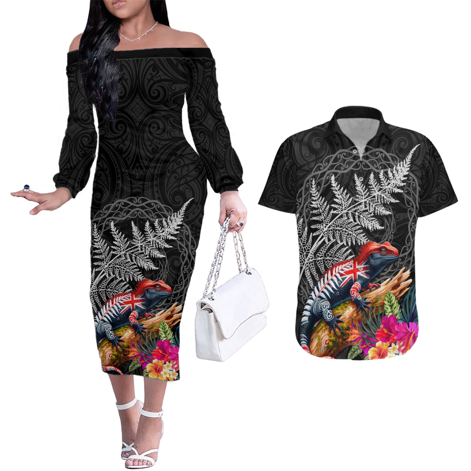 New Zealand Tuatara Couples Matching Off The Shoulder Long Sleeve Dress and Hawaiian Shirt Silver Fern Hibiscus and Tribal Maori Pattern Black Color