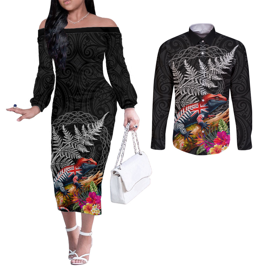 New Zealand Tuatara Couples Matching Off The Shoulder Long Sleeve Dress and Long Sleeve Button Shirt Silver Fern Hibiscus and Tribal Maori Pattern Black Color