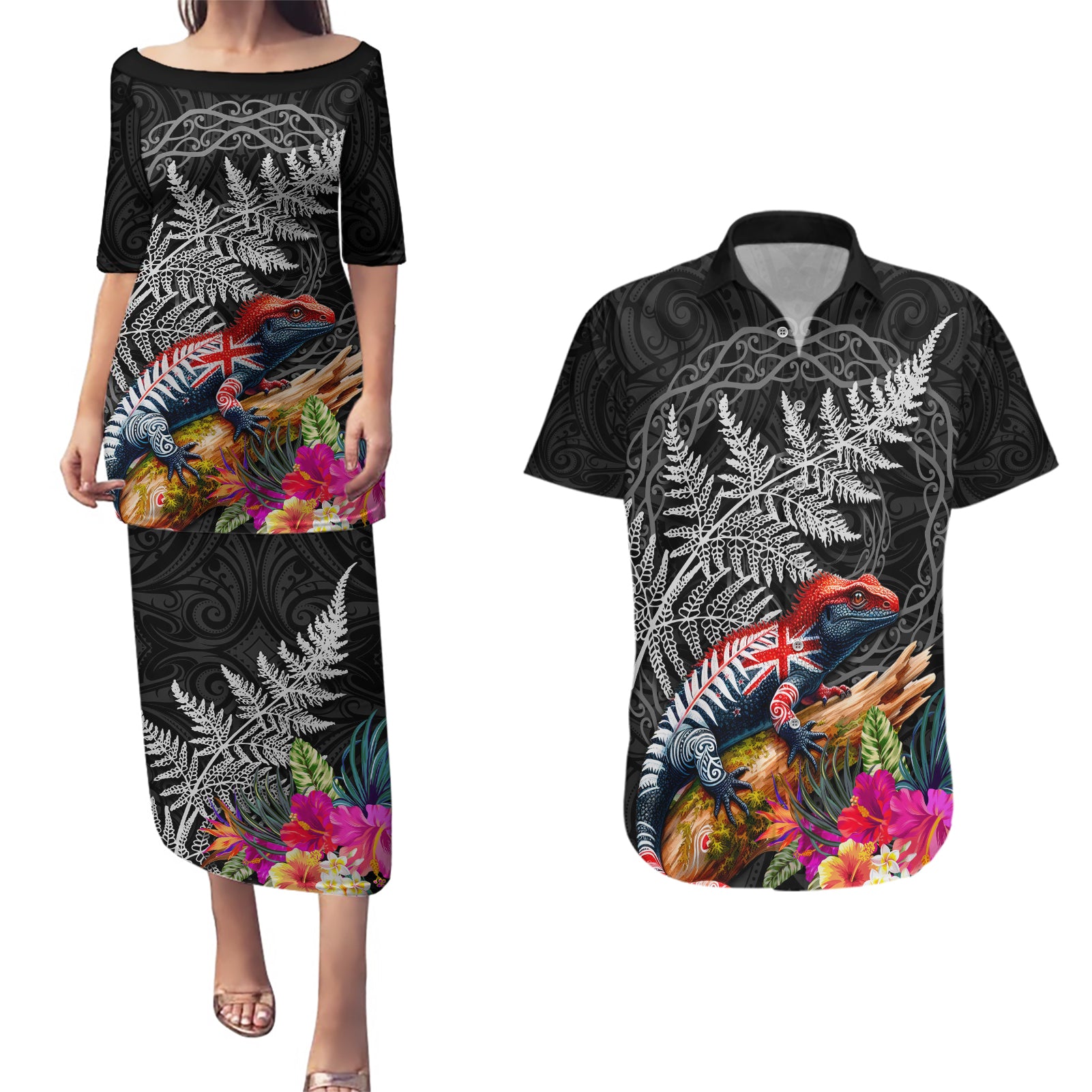 New Zealand Tuatara Couples Matching Puletasi and Hawaiian Shirt Silver Fern Hibiscus and Tribal Maori Pattern Black Color