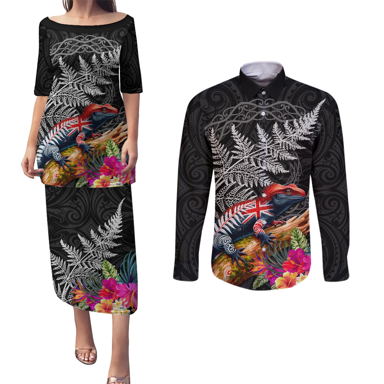 New Zealand Tuatara Couples Matching Puletasi and Long Sleeve Button Shirt Silver Fern Hibiscus and Tribal Maori Pattern Black Color