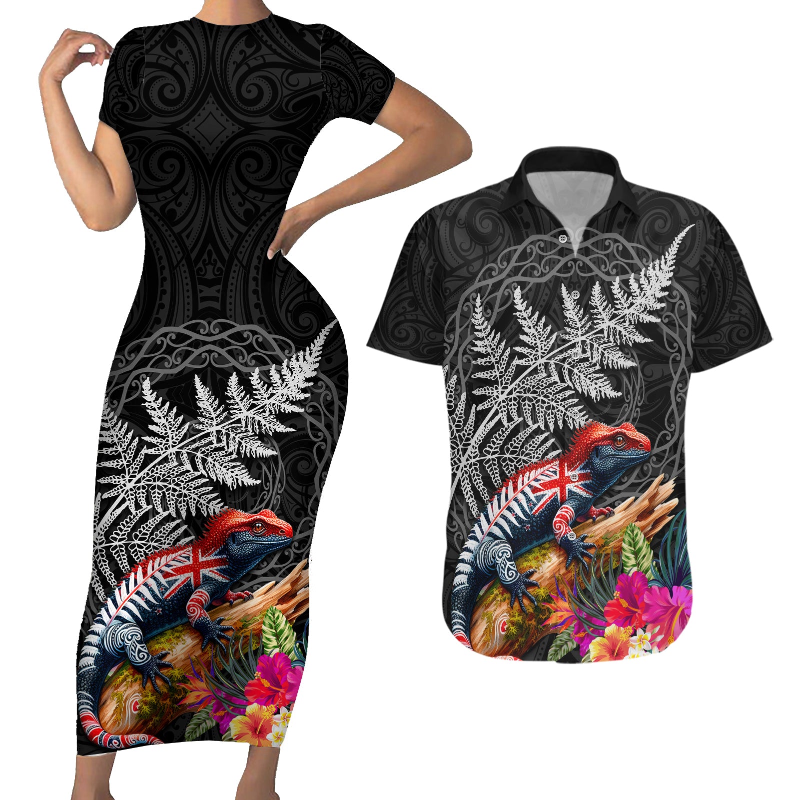 New Zealand Tuatara Couples Matching Short Sleeve Bodycon Dress and Hawaiian Shirt Silver Fern Hibiscus and Tribal Maori Pattern Black Color