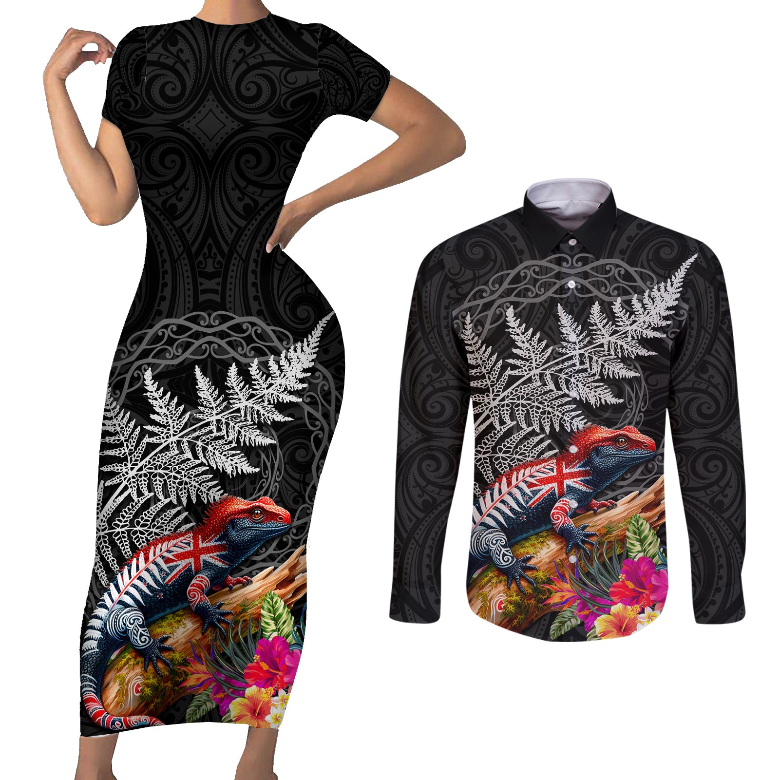 New Zealand Tuatara Couples Matching Short Sleeve Bodycon Dress and Long Sleeve Button Shirt Silver Fern Hibiscus and Tribal Maori Pattern Black Color