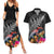 New Zealand Tuatara Couples Matching Summer Maxi Dress and Hawaiian Shirt Silver Fern Hibiscus and Tribal Maori Pattern Black Color