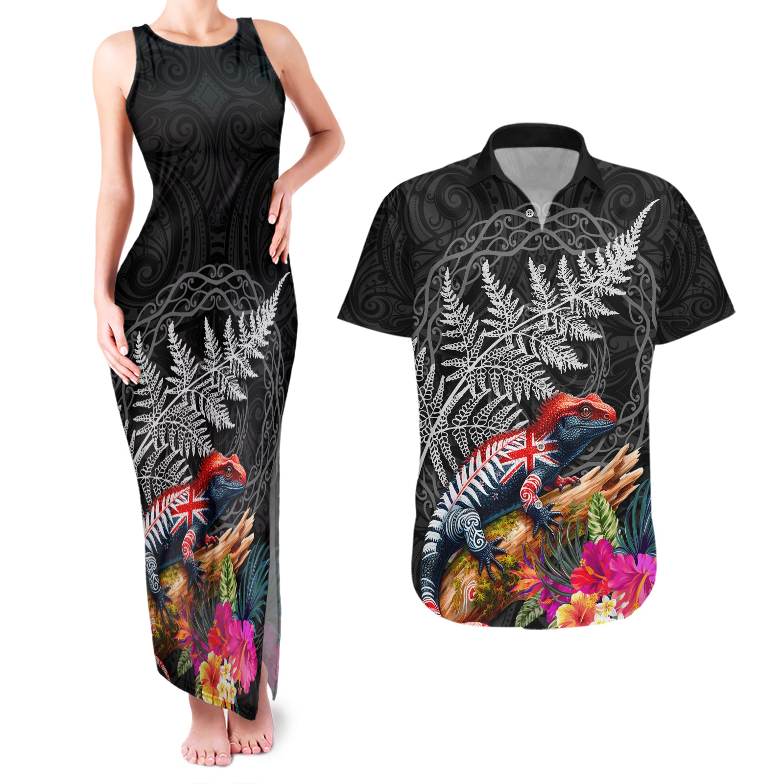 New Zealand Tuatara Couples Matching Tank Maxi Dress and Hawaiian Shirt Silver Fern Hibiscus and Tribal Maori Pattern Black Color