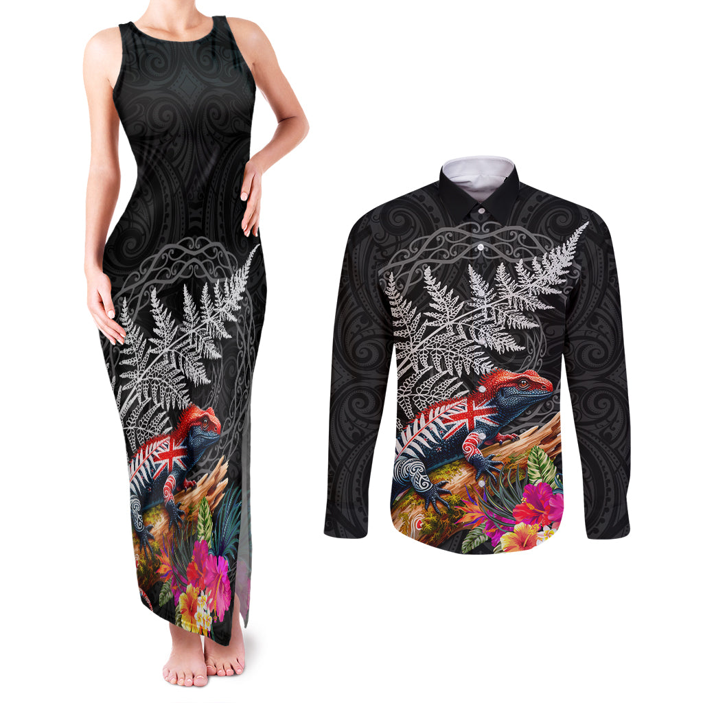 New Zealand Tuatara Couples Matching Tank Maxi Dress and Long Sleeve Button Shirt Silver Fern Hibiscus and Tribal Maori Pattern Black Color