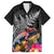 New Zealand Tuatara Family Matching Off The Shoulder Long Sleeve Dress and Hawaiian Shirt Silver Fern Hibiscus and Tribal Maori Pattern Black Color