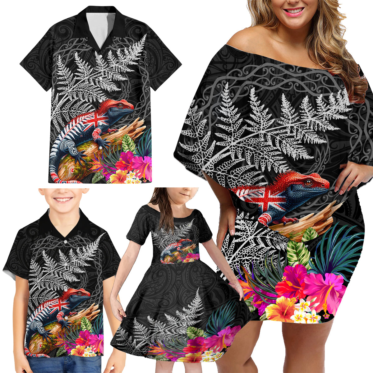 New Zealand Tuatara Family Matching Off Shoulder Short Dress and Hawaiian Shirt Silver Fern Hibiscus and Tribal Maori Pattern Black Color