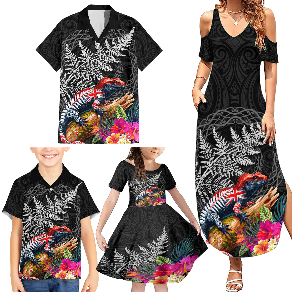 New Zealand Tuatara Family Matching Summer Maxi Dress and Hawaiian Shirt Silver Fern Hibiscus and Tribal Maori Pattern Black Color