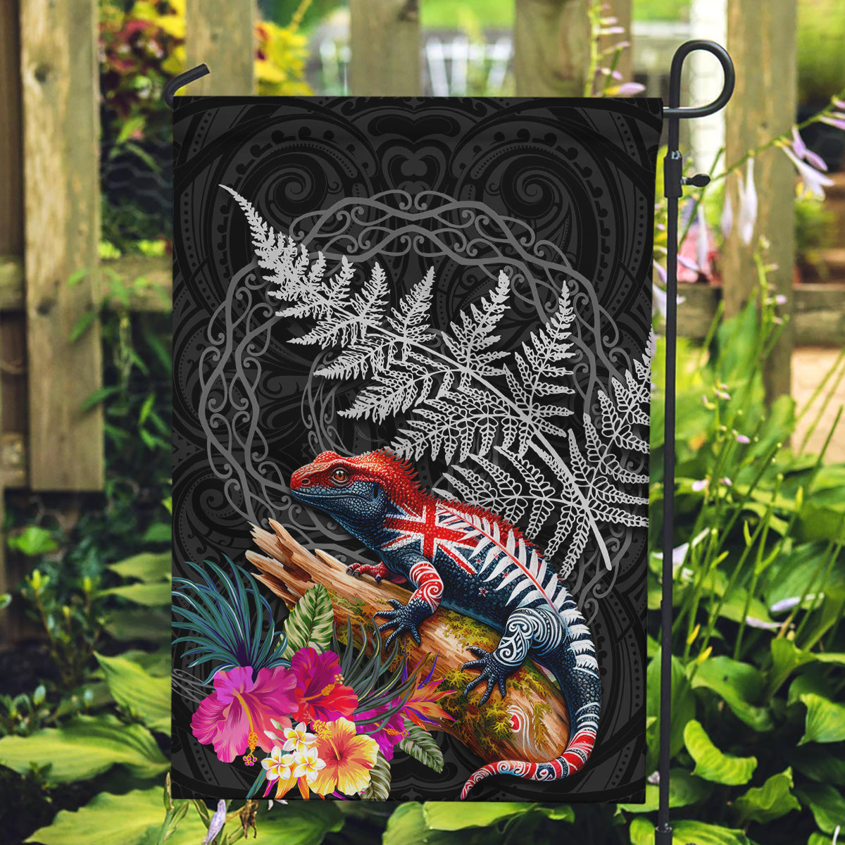 New Zealand Tuatara Garden Flag Silver Fern Hibiscus and Tribal Maori Pattern Black Color