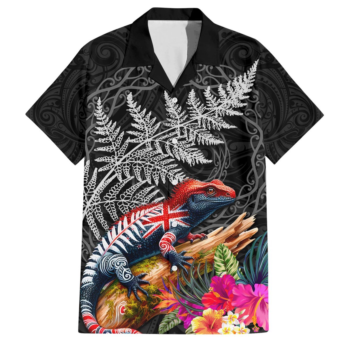 New Zealand Tuatara Hawaiian Shirt Silver Fern Hibiscus and Tribal Maori Pattern Black Color LT03 Black - Polynesian Pride