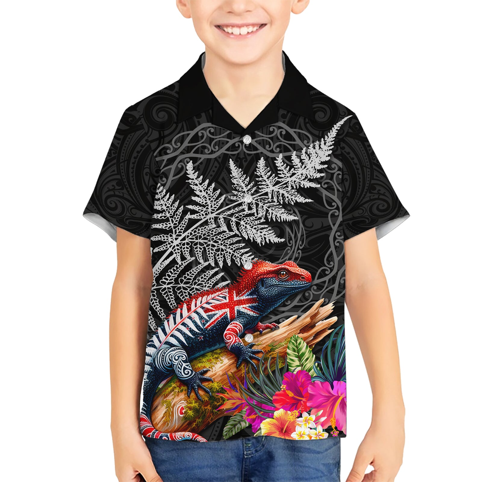 New Zealand Tuatara Kid Hawaiian Shirt Silver Fern Hibiscus and Tribal Maori Pattern Black Color