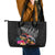 New Zealand Tuatara Leather Tote Bag Silver Fern Hibiscus and Tribal Maori Pattern Black Color