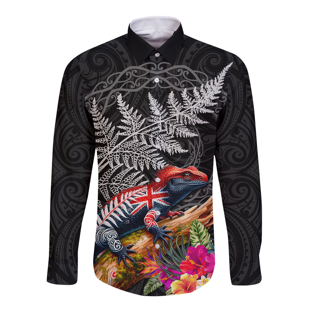 New Zealand Tuatara Long Sleeve Button Shirt Silver Fern Hibiscus and Tribal Maori Pattern Black Color