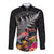 New Zealand Tuatara Long Sleeve Button Shirt Silver Fern Hibiscus and Tribal Maori Pattern Black Color